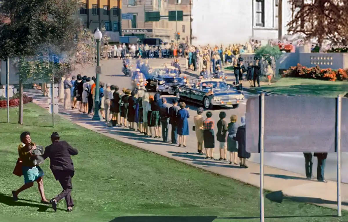 John F. Kennedy JFK assassination The presidential motorcade turns down Elm Street.